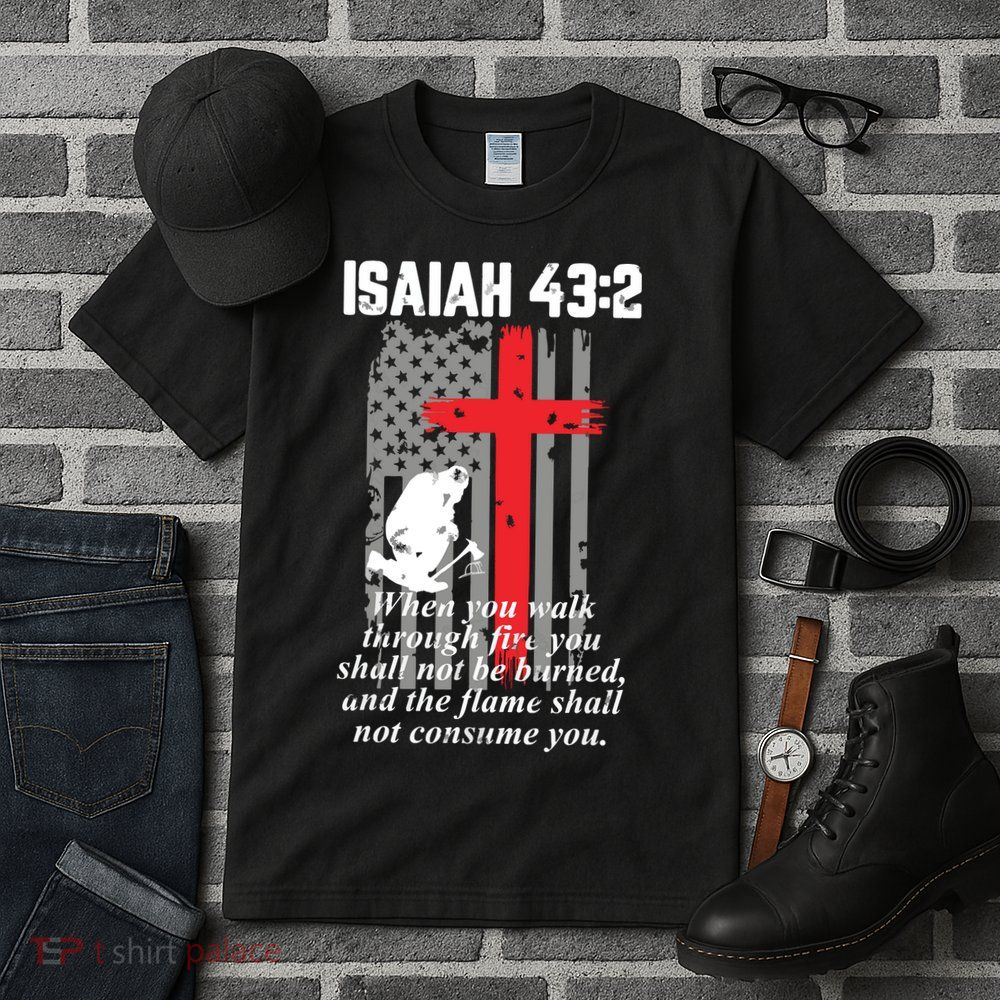 Thin Red Line Firefighter Cross Bible Verse American Flag Tall T-Shirt
