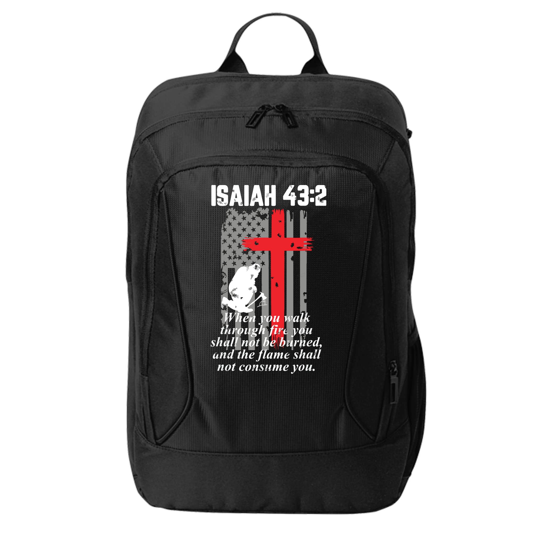 Thin Red Line Firefighter Cross Bible Verse American Flag City Backpack
