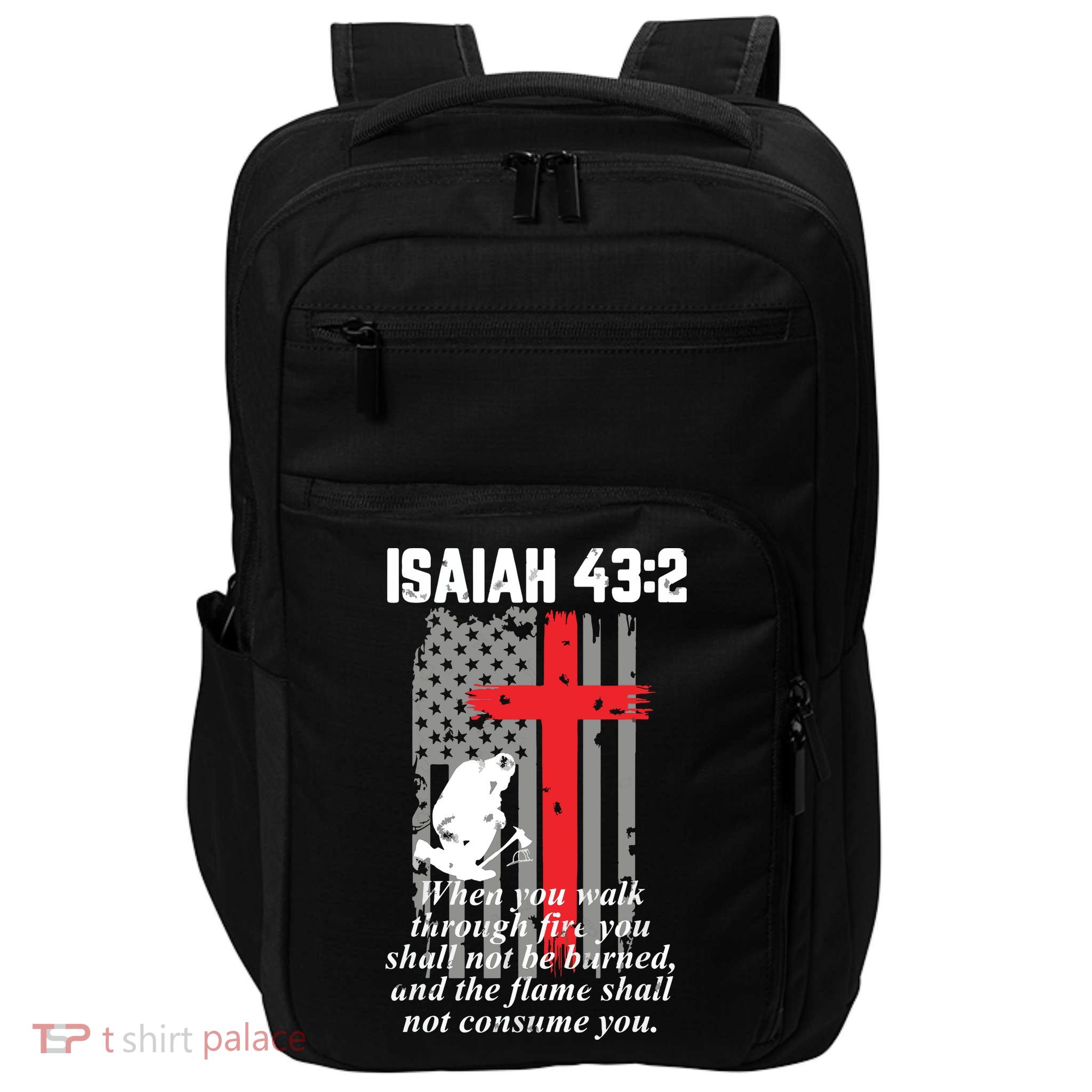 Thin Red Line Firefighter Cross Bible Verse American Flag Impact Tech Backpack