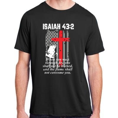 Thin Red Line Firefighter Cross Bible Verse American Flag Adult ChromaSoft Performance T-Shirt