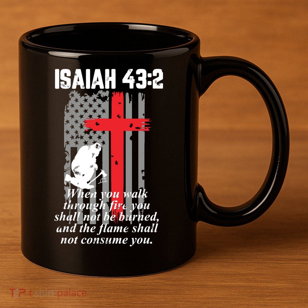 Thin Red Line Firefighter Cross Bible Verse American Flag 11oz C Handle Ceramic Mug