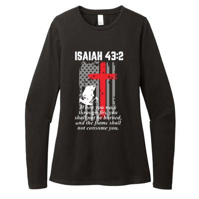 Thin Red Line Firefighter Cross Bible Verse American Flag Womens CVC Long Sleeve Shirt