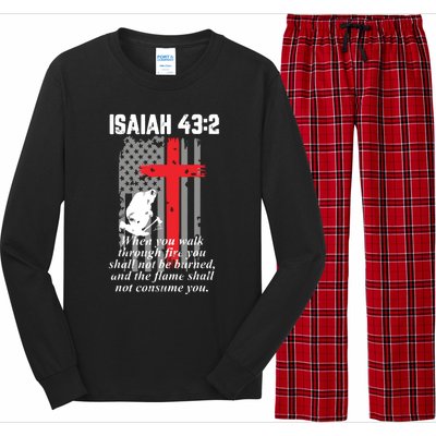 Thin Red Line Firefighter Cross Bible Verse American Flag Long Sleeve Pajama Set