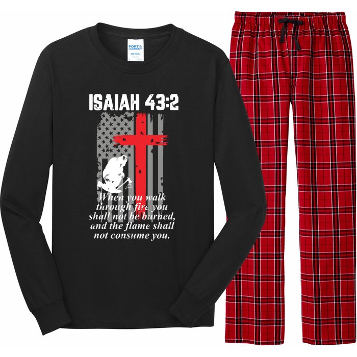 Thin Red Line Firefighter Cross Bible Verse American Flag Long Sleeve Pajama Set