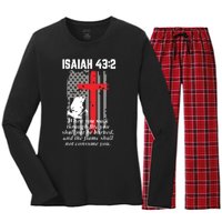 Thin Red Line Firefighter Cross Bible Verse American Flag Women's Long Sleeve Flannel Pajama Set 