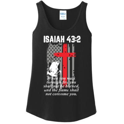 Thin Red Line Firefighter Cross Bible Verse American Flag Ladies Essential Tank