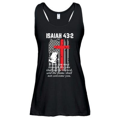 Thin Red Line Firefighter Cross Bible Verse American Flag Ladies Essential Flowy Tank