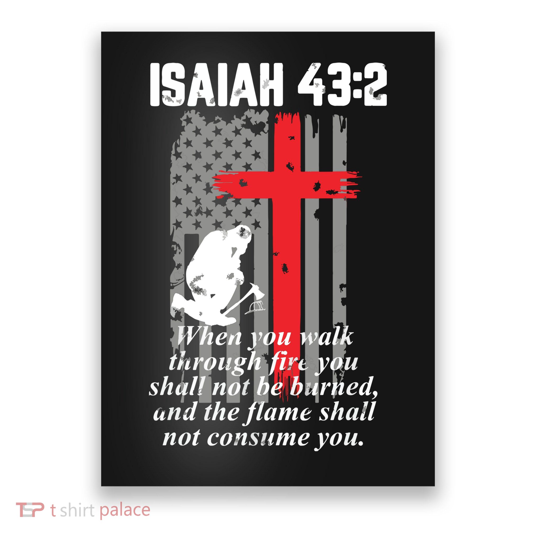 Thin Red Line Firefighter Cross Bible Verse American Flag Poster