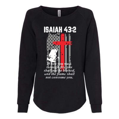 Thin Red Line Firefighter Cross Bible Verse American Flag Womens California Wash Sweatshirt