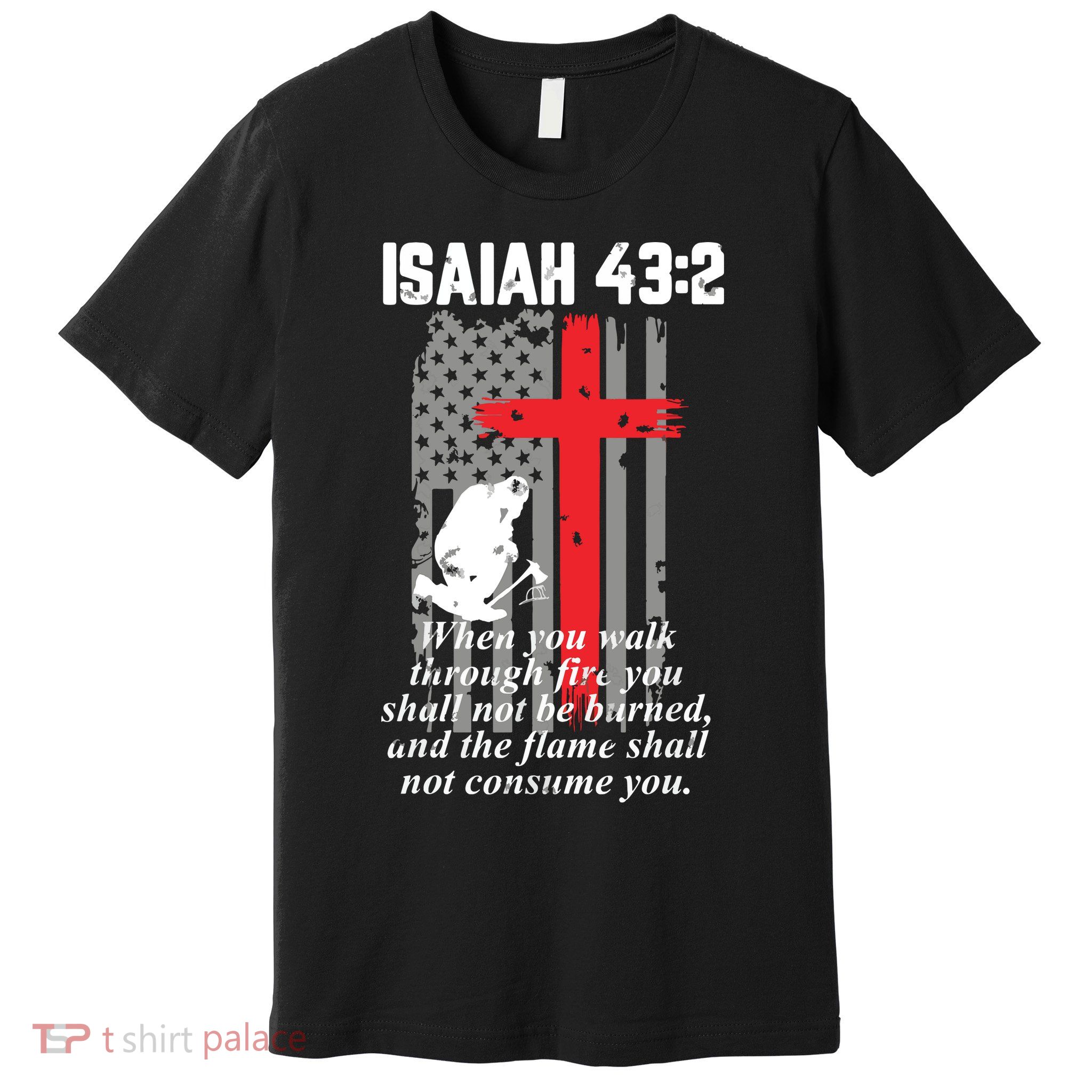 Thin Red Line Firefighter Cross Bible Verse American Flag Premium T-Shirt
