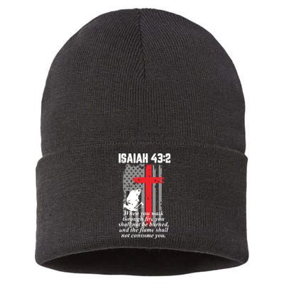 Thin Red Line Firefighter Cross Bible Verse American Flag Sustainable Knit Beanie