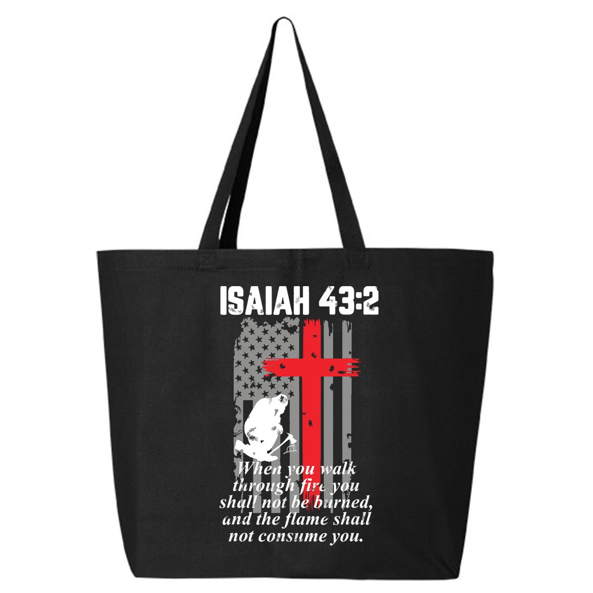 Thin Red Line Firefighter Cross Bible Verse American Flag 25L Jumbo Tote