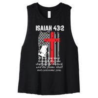 Thin Red Line Firefighter Cross Bible Verse American Flag Women's Racerback Cropped Tank