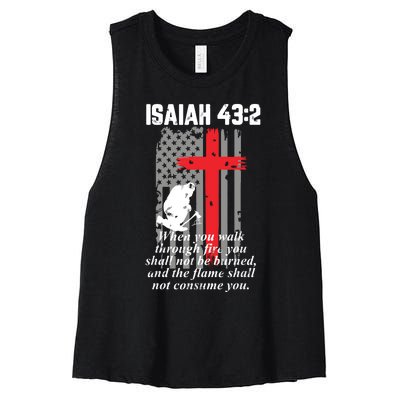 Thin Red Line Firefighter Cross Bible Verse American Flag Women's Racerback Cropped Tank