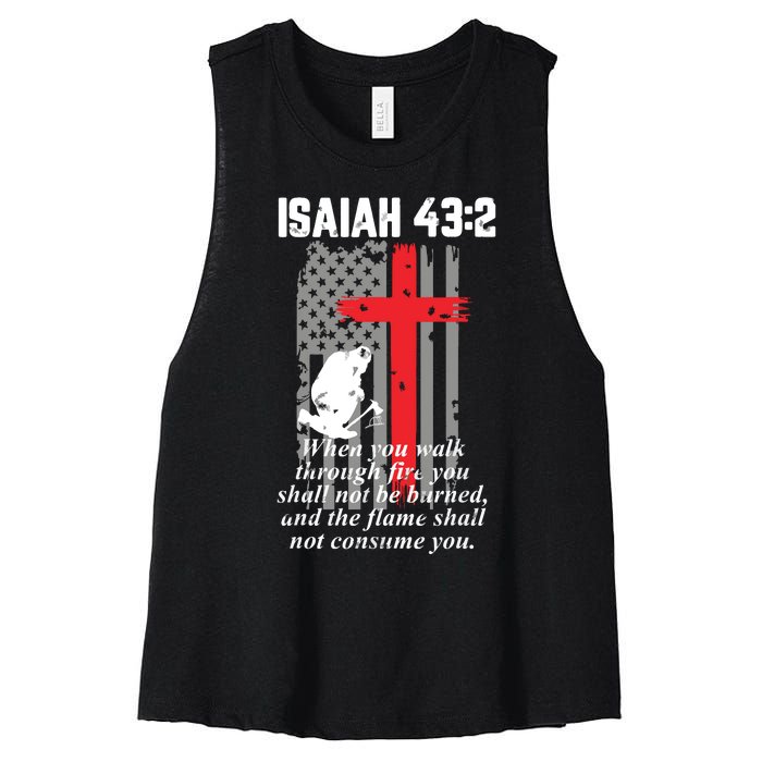 Thin Red Line Firefighter Cross Bible Verse American Flag Women's Racerback Cropped Tank