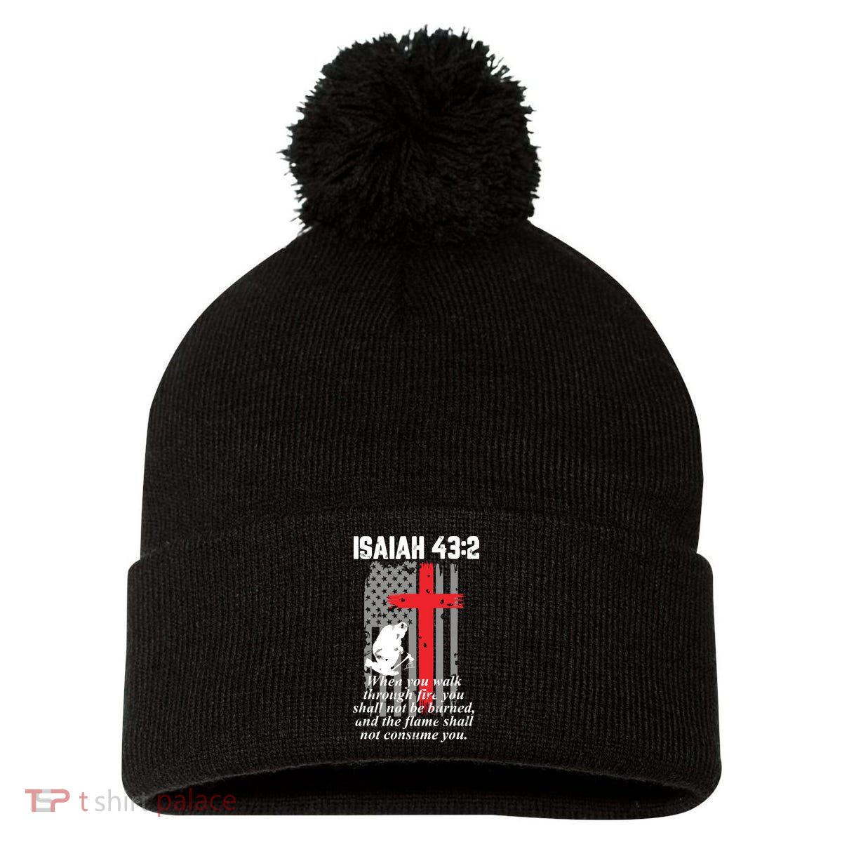 Thin Red Line Firefighter Cross Bible Verse American Flag Pom Pom 12in Knit Beanie
