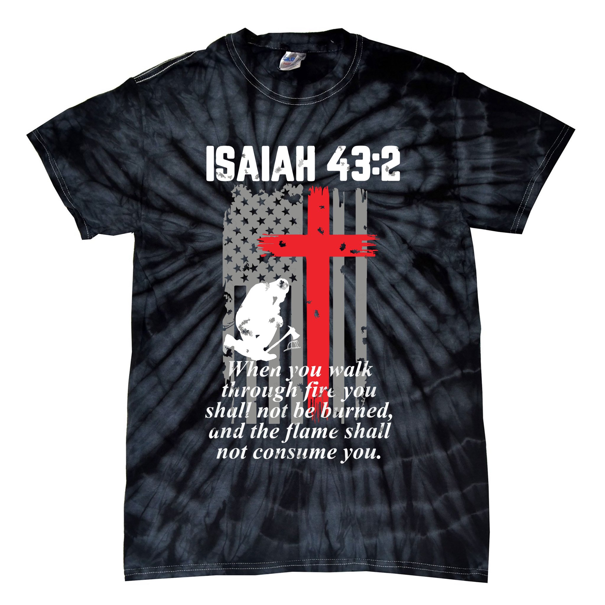 Thin Red Line Firefighter Cross Bible Verse American Flag Tie-Dye T-Shirt
