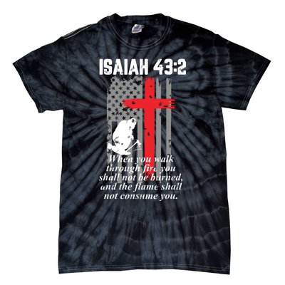 Thin Red Line Firefighter Cross Bible Verse American Flag Tie-Dye T-Shirt