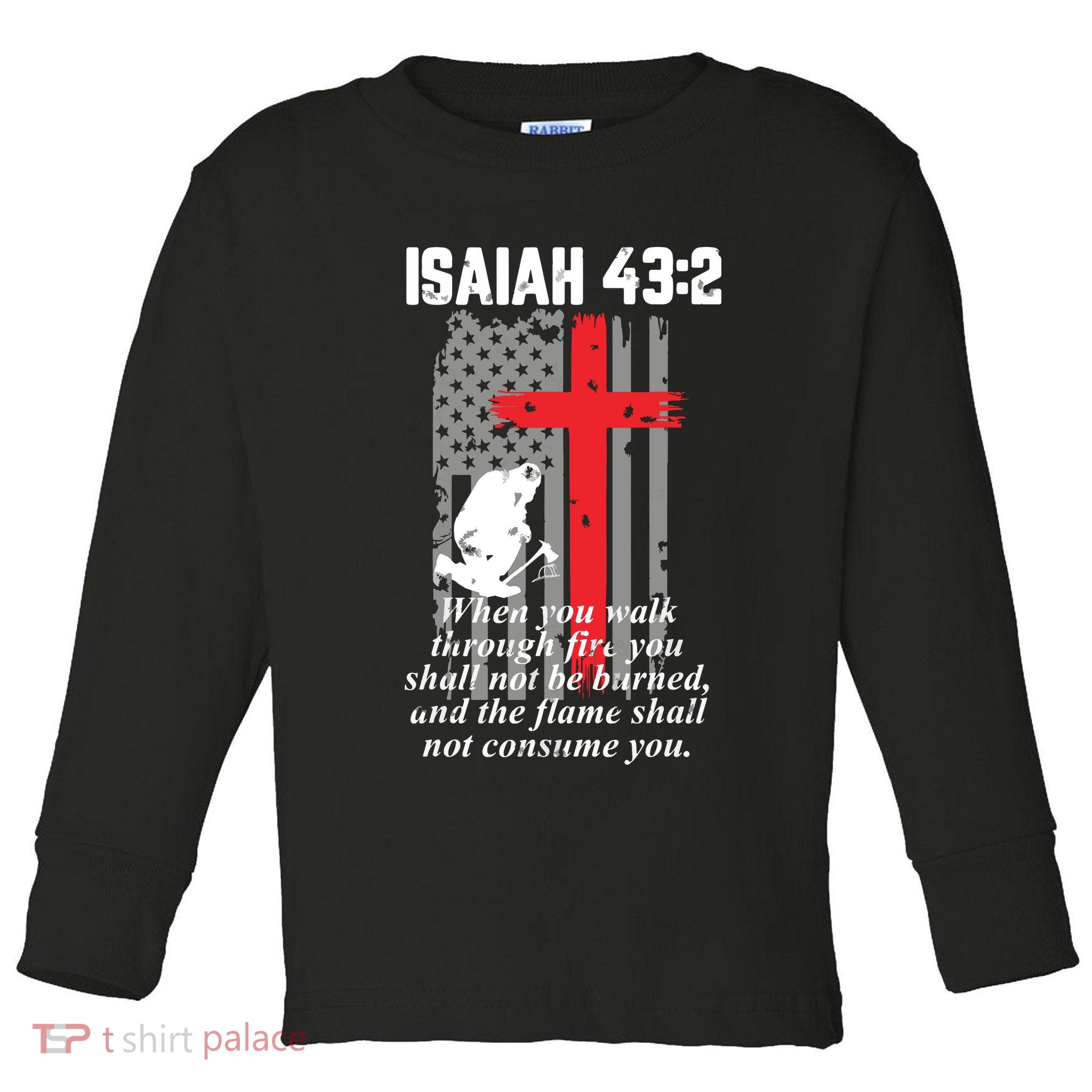 Thin Red Line Firefighter Cross Bible Verse American Flag Toddler Long Sleeve Shirt