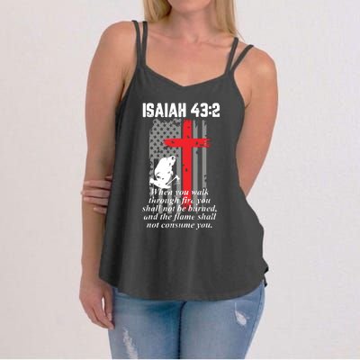 Thin Red Line Firefighter Cross Bible Verse American Flag Women's Strappy Tank