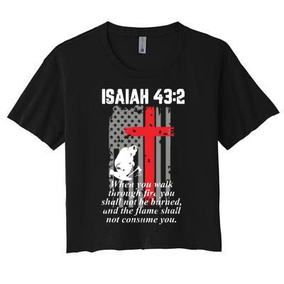 Thin Red Line Firefighter Cross Bible Verse American Flag Women's Crop Top Tee