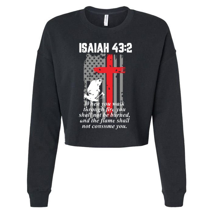 Thin Red Line Firefighter Cross Bible Verse American Flag Cropped Pullover Crew