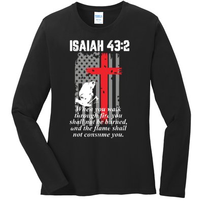 Thin Red Line Firefighter Cross Bible Verse American Flag Ladies Long Sleeve Shirt