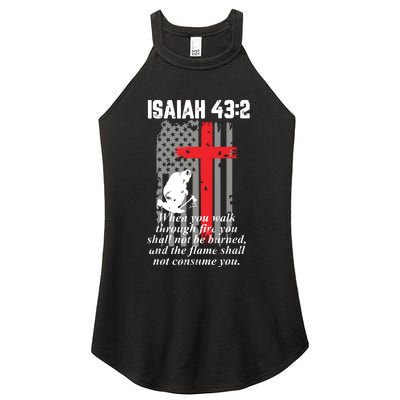 Thin Red Line Firefighter Cross Bible Verse American Flag Women's Perfect Tri Rocker Tank