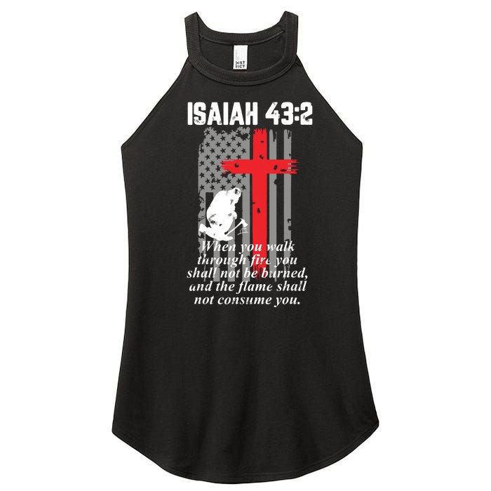 Thin Red Line Firefighter Cross Bible Verse American Flag Women's Perfect Tri Rocker Tank