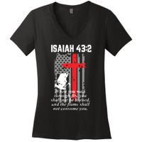 Thin Red Line Firefighter Cross Bible Verse American Flag Women's V-Neck T-Shirt