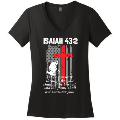 Thin Red Line Firefighter Cross Bible Verse American Flag Women's V-Neck T-Shirt