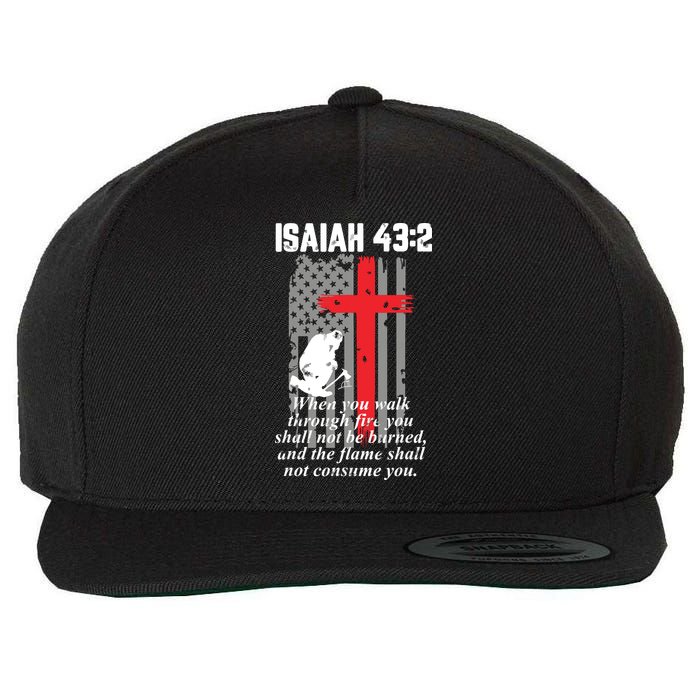 Thin Red Line Firefighter Cross Bible Verse American Flag Wool Snapback Cap