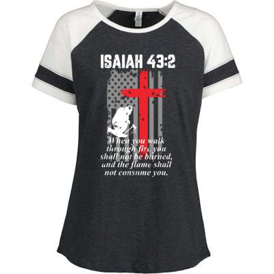 Thin Red Line Firefighter Cross Bible Verse American Flag Enza Ladies Jersey Colorblock Tee