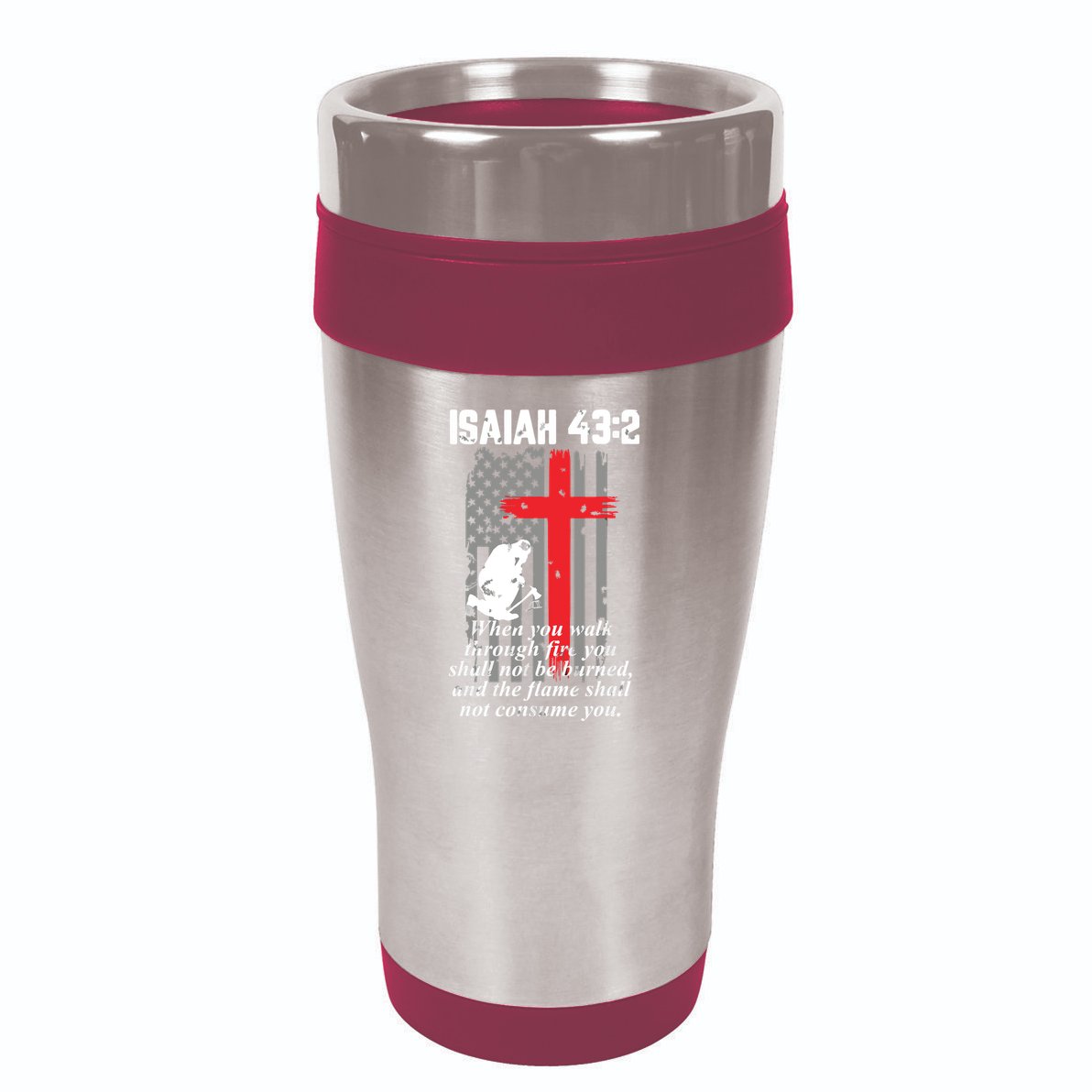 Thin Red Line Firefighter Cross Bible Verse American Flag 16oz Travel Tumbler