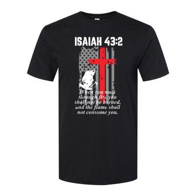 Thin Red Line Firefighter Cross Bible Verse American Flag Softstyle CVC T-Shirt