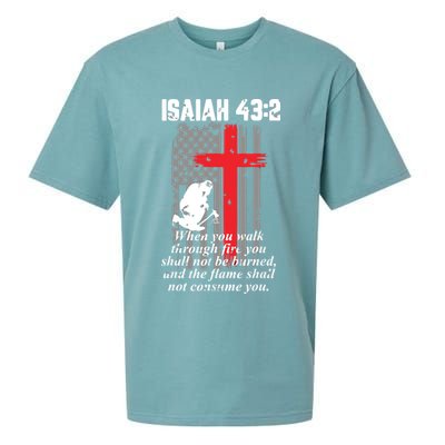 Thin Red Line Firefighter Cross Bible Verse American Flag Sueded Cloud Jersey T-Shirt