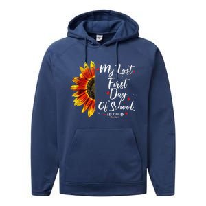 Teachers Retirement My Last First Day Of School Funny Performance Fleece Hoodie