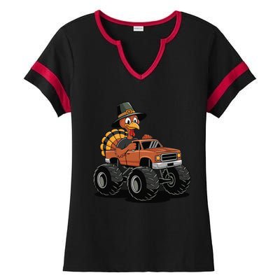 Turkey Riding Monster Truck For Thanksgiving Ladies Halftime Notch Neck Tee