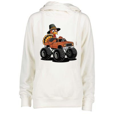 Turkey Riding Monster Truck For Thanksgiving Womens Funnel Neck Pullover Hood