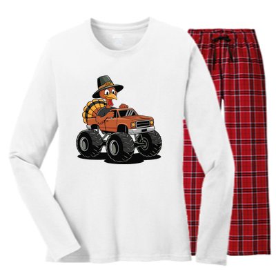 Turkey Riding Monster Truck For Thanksgiving Women's Long Sleeve Flannel Pajama Set 