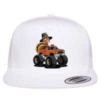 Turkey Riding Monster Truck For Thanksgiving Flat Bill Trucker Hat