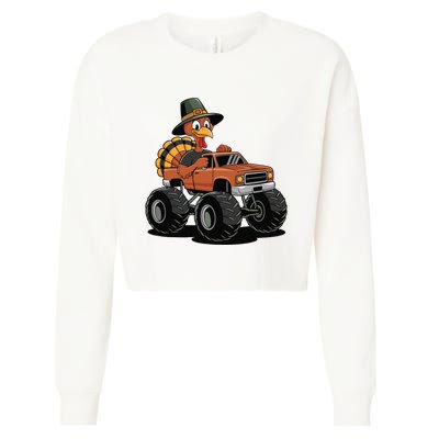 Turkey Riding Monster Truck For Thanksgiving Cropped Pullover Crew