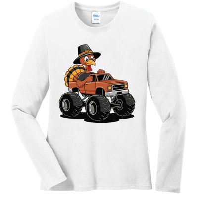 Turkey Riding Monster Truck For Thanksgiving Ladies Long Sleeve Shirt