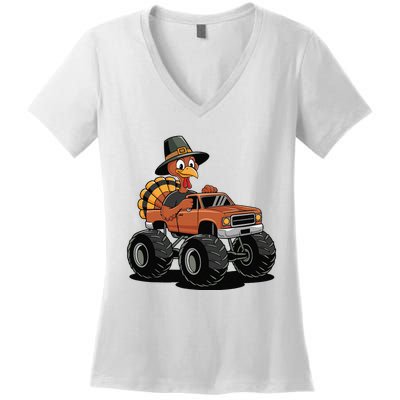 Turkey Riding Monster Truck For Thanksgiving Women's V-Neck T-Shirt