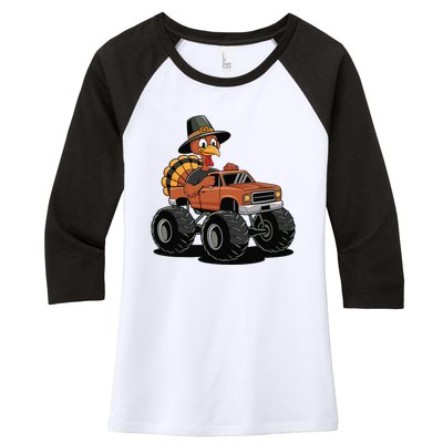 Turkey Riding Monster Truck For Thanksgiving Women's Tri-Blend 3/4-Sleeve Raglan Shirt