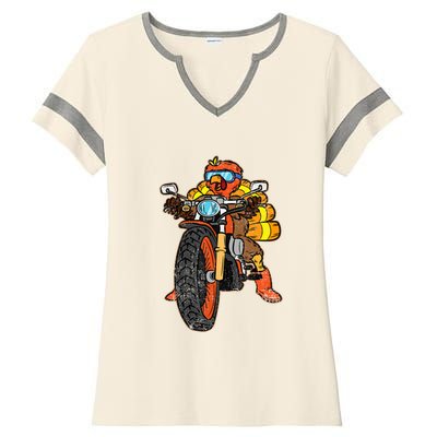 Turkey Riding Motorcycle Thanksgiving Day Cool Biker Rider Ladies Halftime Notch Neck Tee