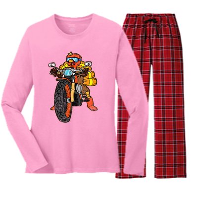 Turkey Riding Motorcycle Thanksgiving Day Cool Biker Rider Women's Long Sleeve Flannel Pajama Set 