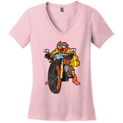 Turkey Riding Motorcycle Thanksgiving Day Cool Biker Rider Women's V-Neck T-Shirt