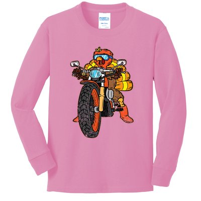 Turkey Riding Motorcycle Thanksgiving Day Cool Biker Rider Kids Long Sleeve Shirt