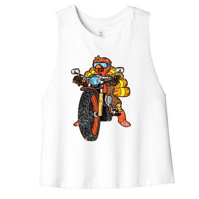 Turkey Riding Motorcycle Thanksgiving Day Cool Biker Rider Women's Racerback Cropped Tank